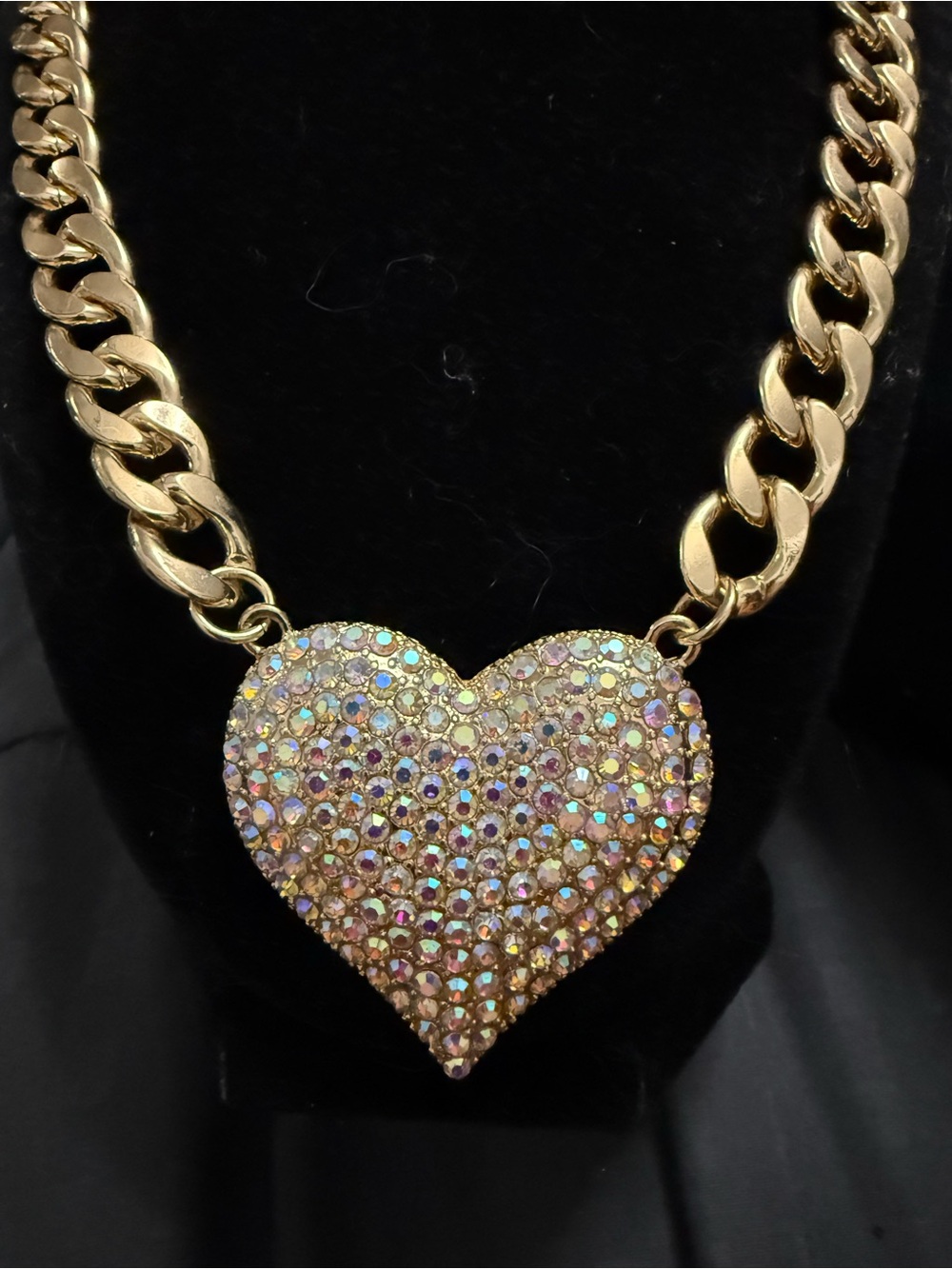 Gold Heart Crystal Pendant Necklace - Iridescent Pink Gold Tone